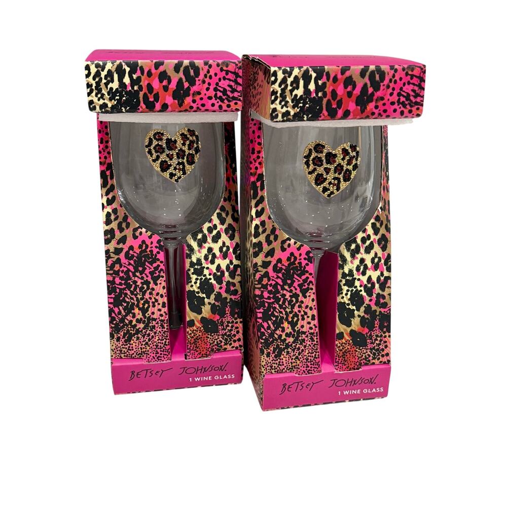 NWT Betsey Johnson Leopard Print Wine Glass Set of 2 - Pink & Black Animal Print - Picture 11 of 12